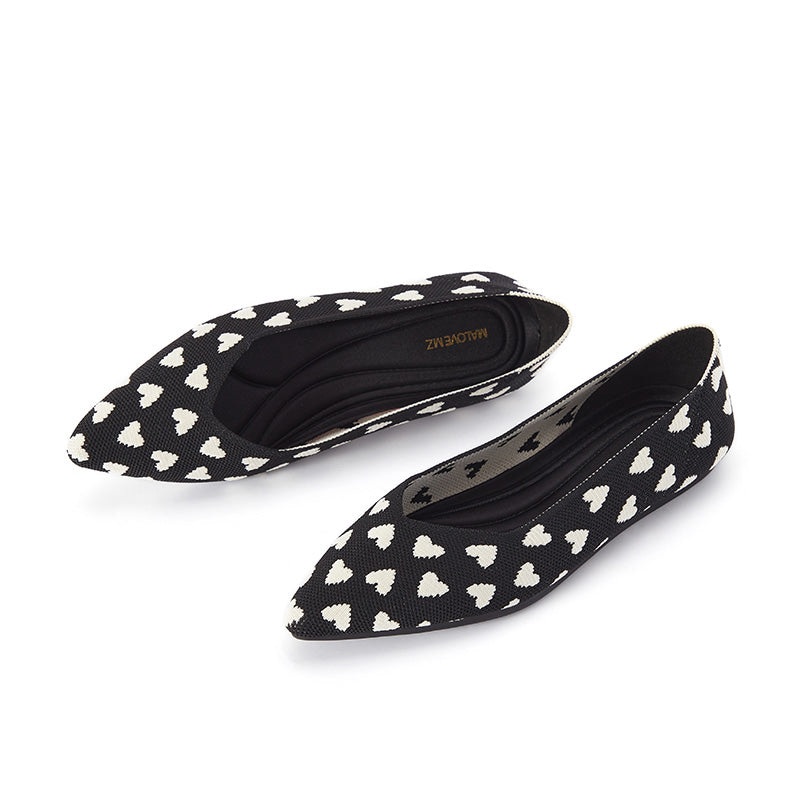 heart print pointed toe comfortable flats all black 2