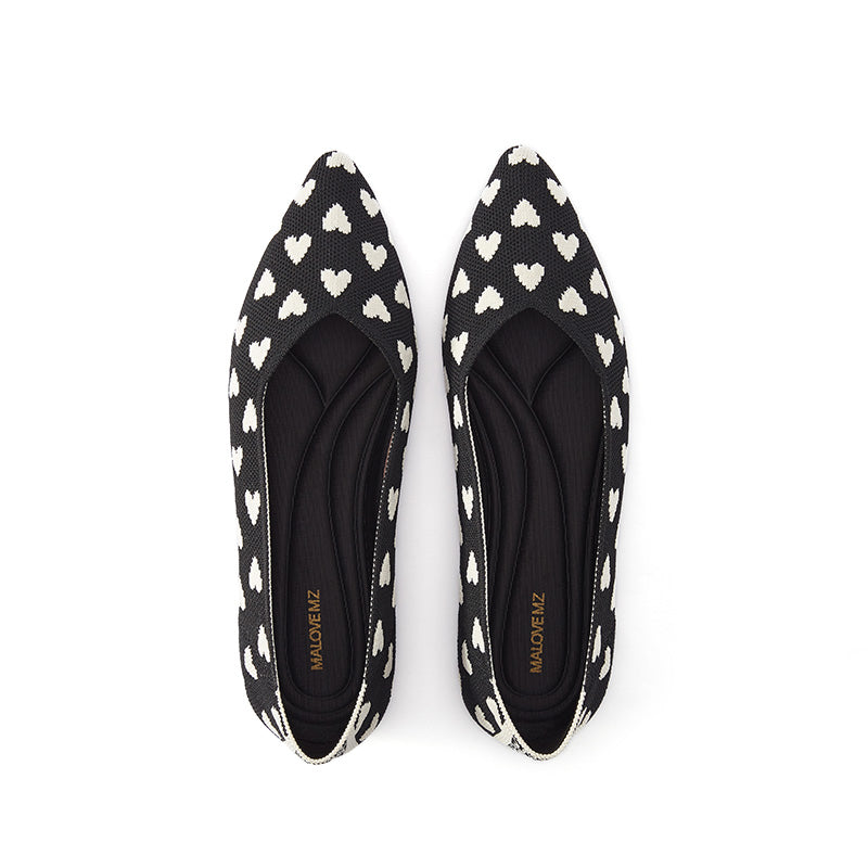 heart print pointed toe comfortable flats all black 3