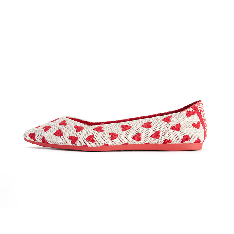 heart print pointed toe comfortable flats all red 1