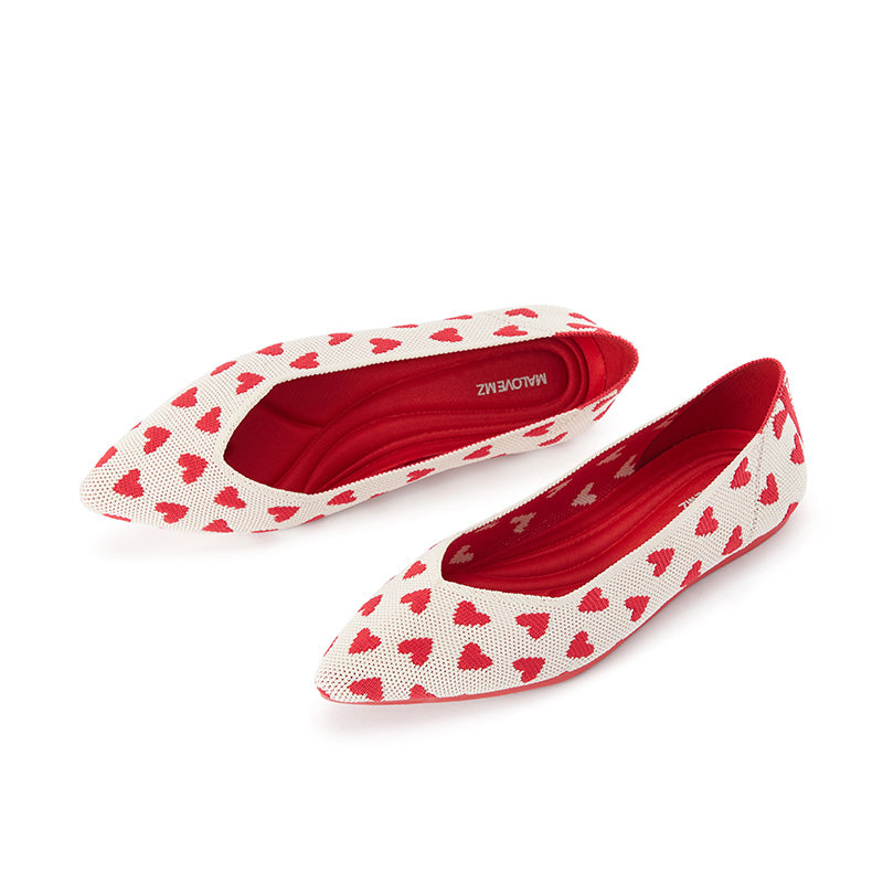 heart print pointed toe comfortable flats all red 2