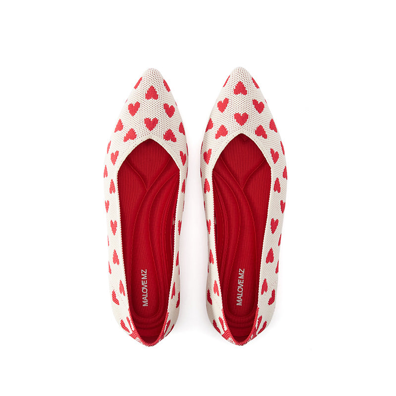 heart print pointed toe comfortable flats all red 4