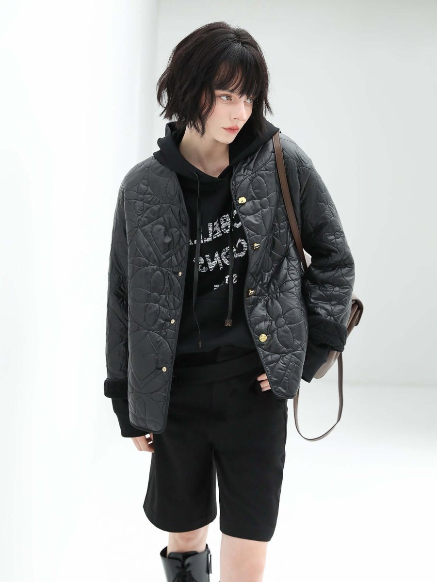 Heavy - Duty Geometric Black Quilted Puffer Jacket - 0cm