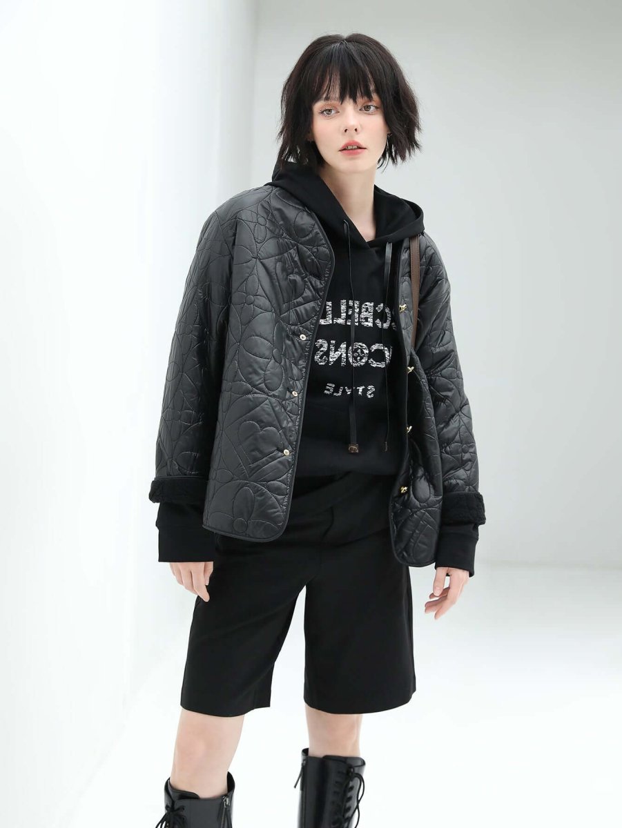 Heavy - Duty Geometric Black Quilted Puffer Jacket - 0cm