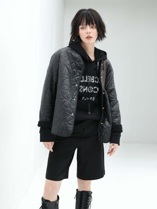 Heavy - Duty Geometric Black Quilted Puffer Jacket - 0cm