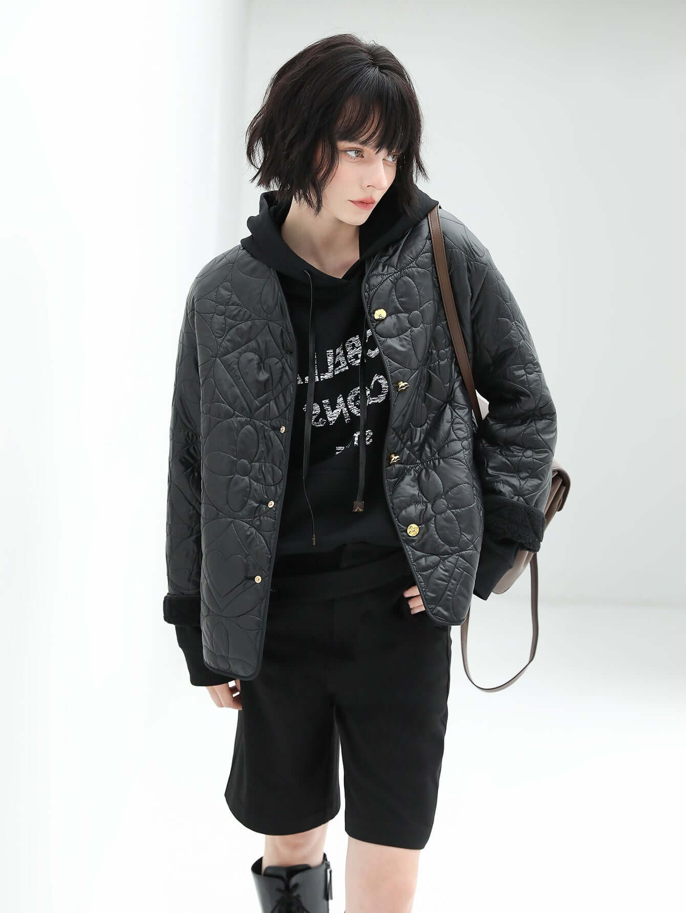 heavy duty geometric black quilted puffer jacket all black 2