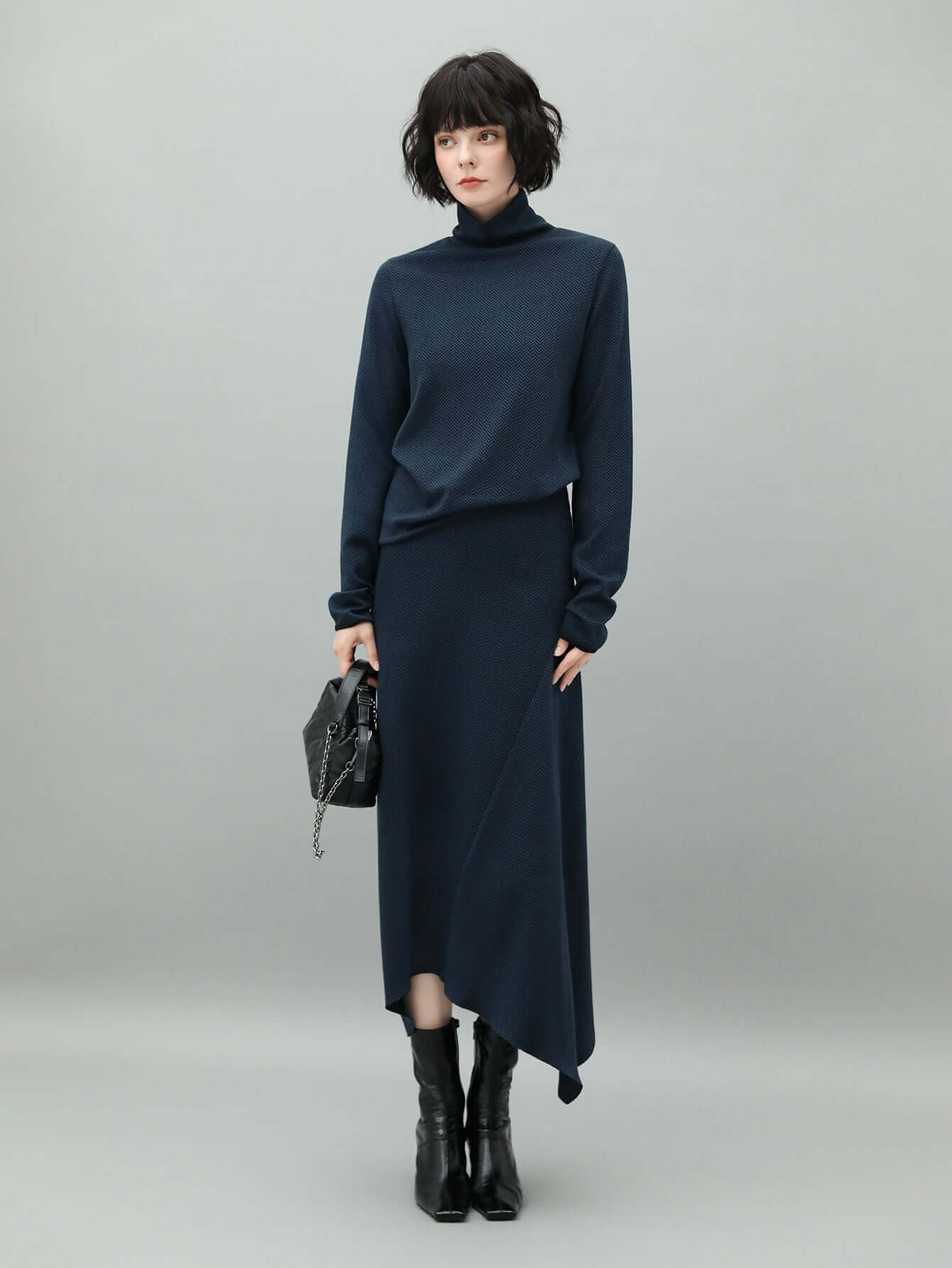 herringbone high neck knit top in navy all navy 3