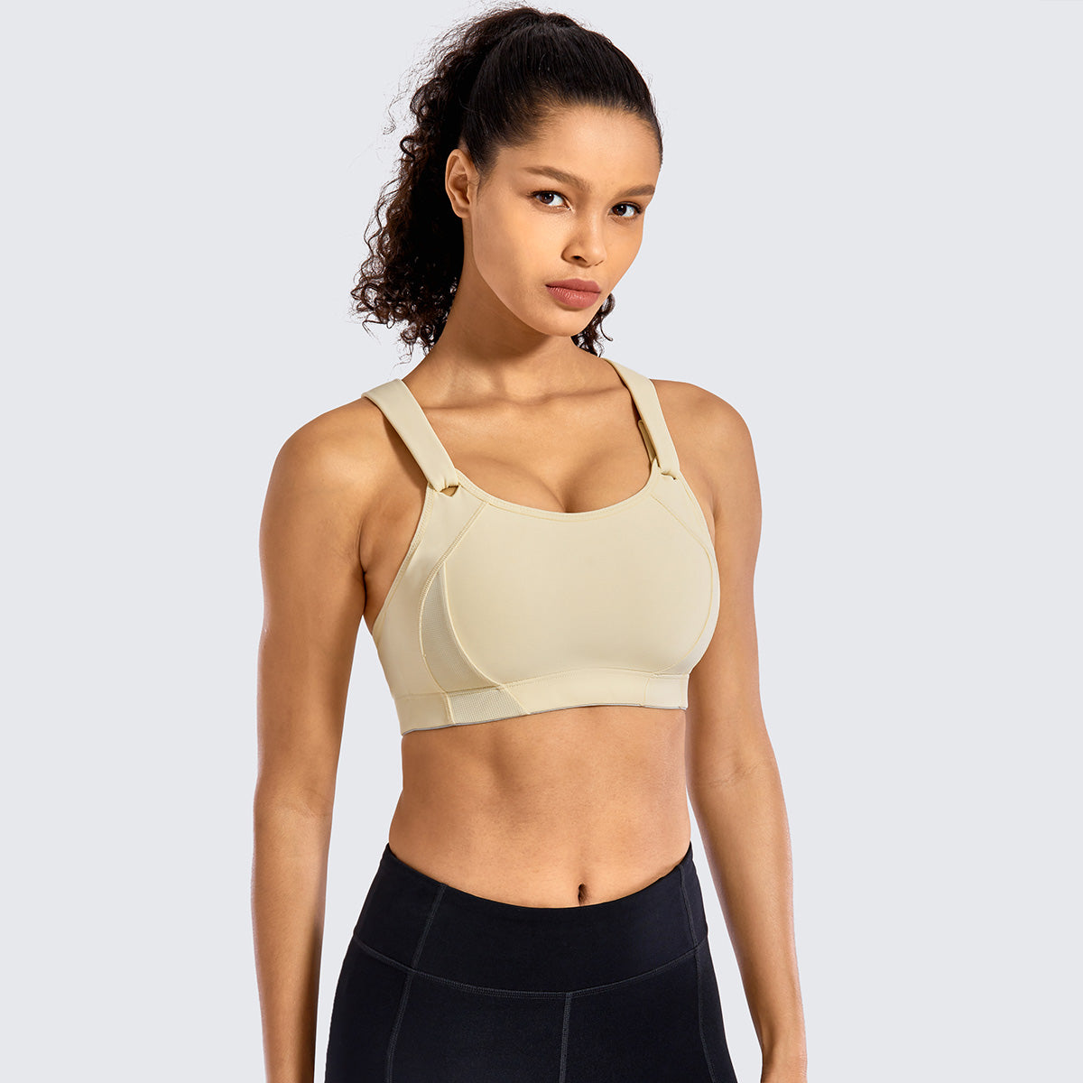 high impact lightly padded wireless sports bra all beige 1