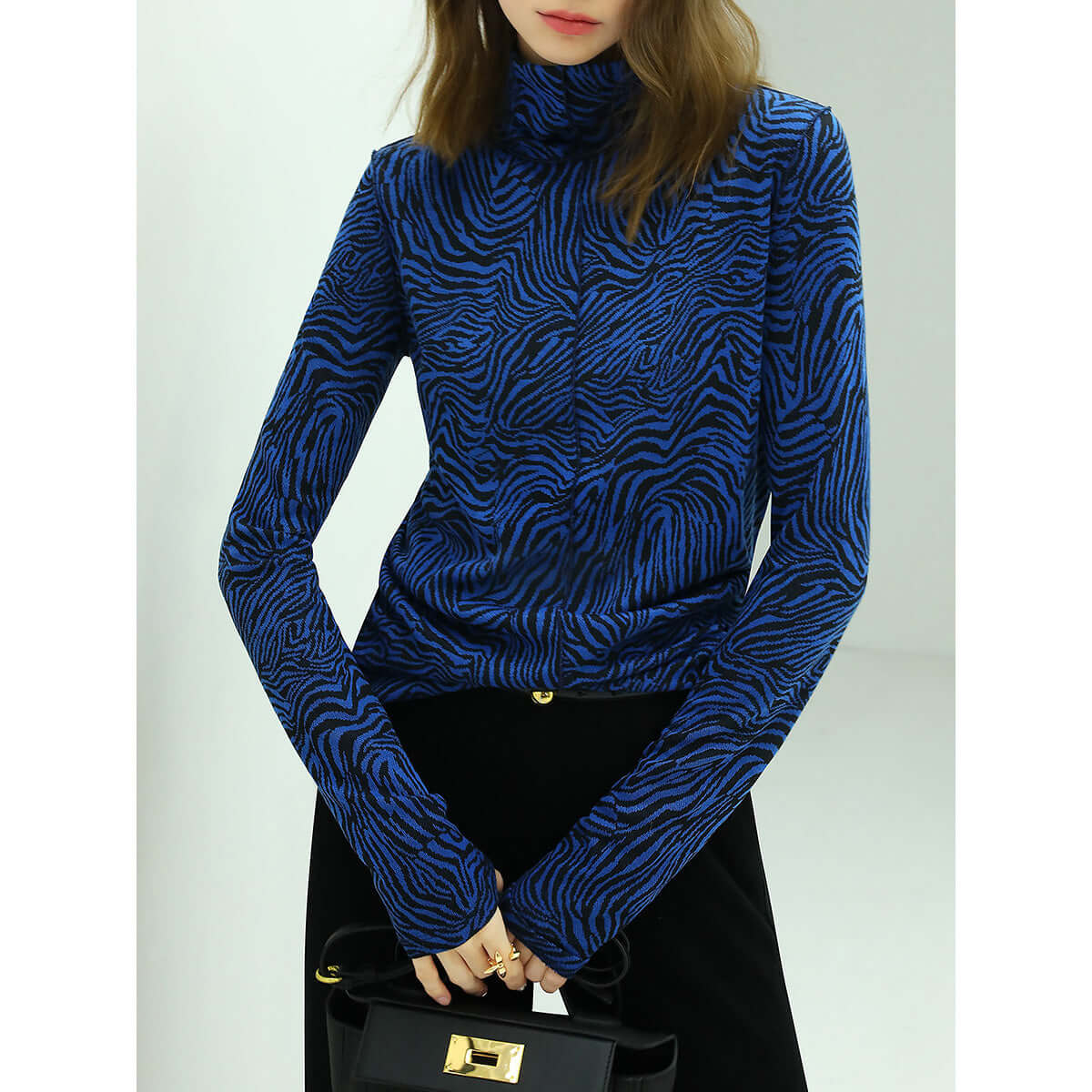 high neck zebra patterned blue jacquard knit top all blue 2
