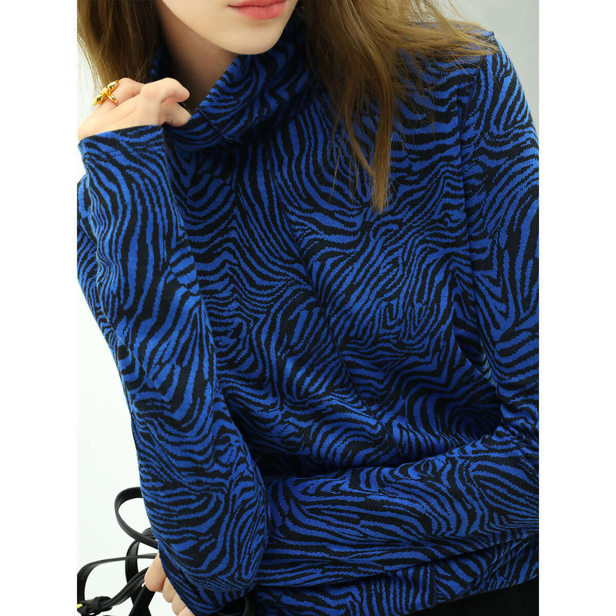 high neck zebra patterned blue jacquard knit top all blue 3