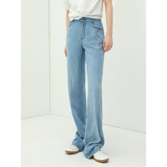 High Waist Draped Straight Leg Blue Jeans