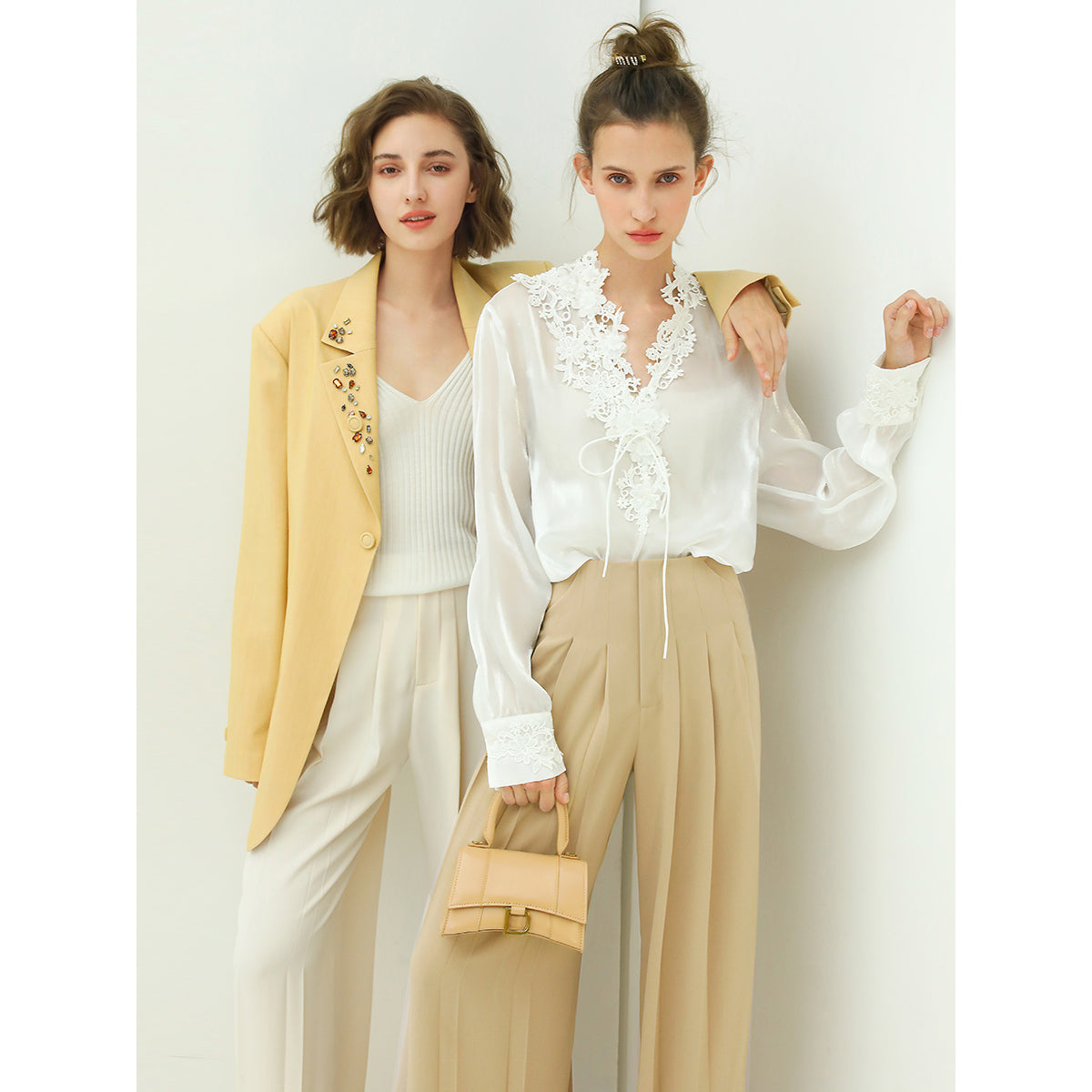 high waist pleated wide leg beige pants all beige 3