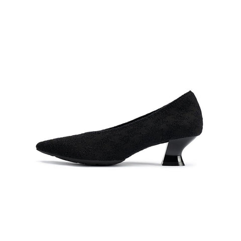 Houndstooth Block Heel Pumps – 3D Knit Pointed Toe Heels