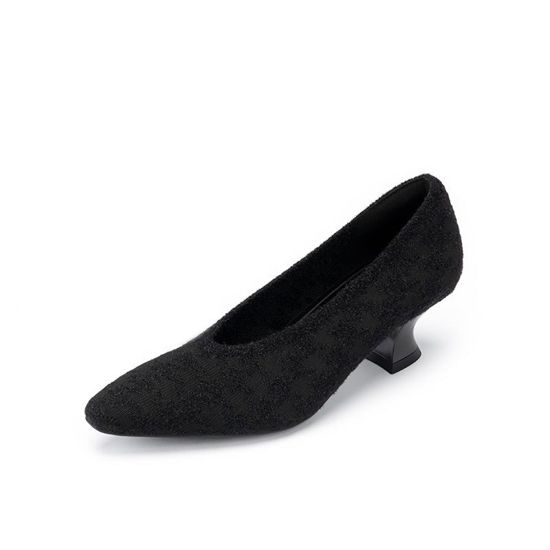Houndstooth Block Heel Pumps – 3D Knit Pointed Toe Heels
