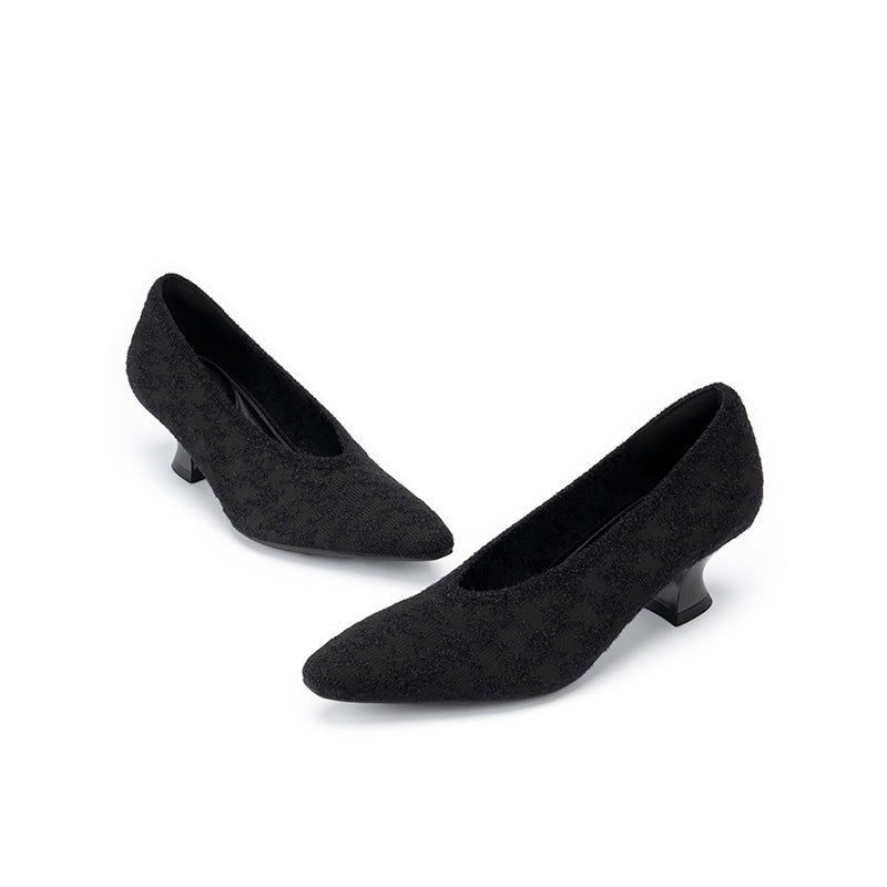 Houndstooth Block Heel Pumps – 3D Knit Pointed Toe Heels