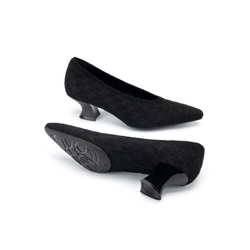 Houndstooth Block Heel Pumps – 3D Knit Pointed Toe Heels