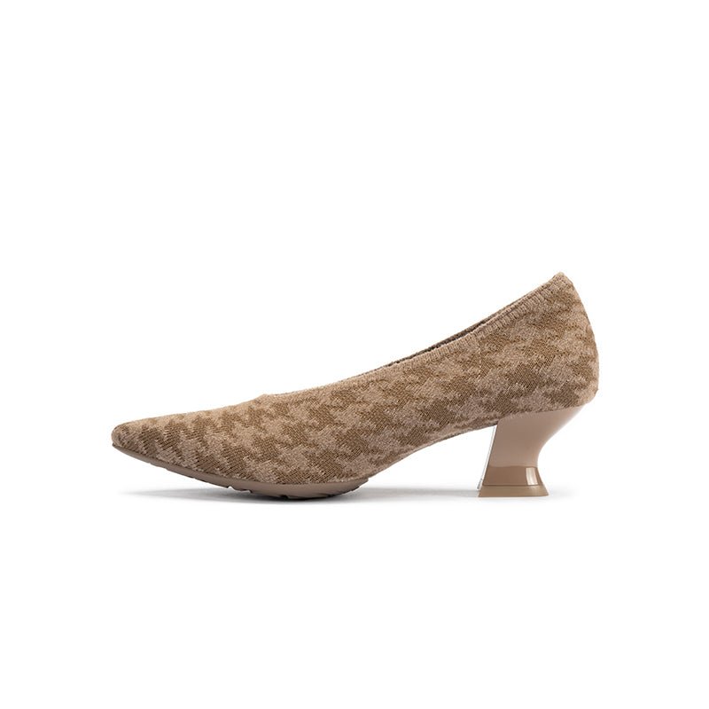 Houndstooth Block Heel Pumps – 3D Knit Pointed Toe Heels