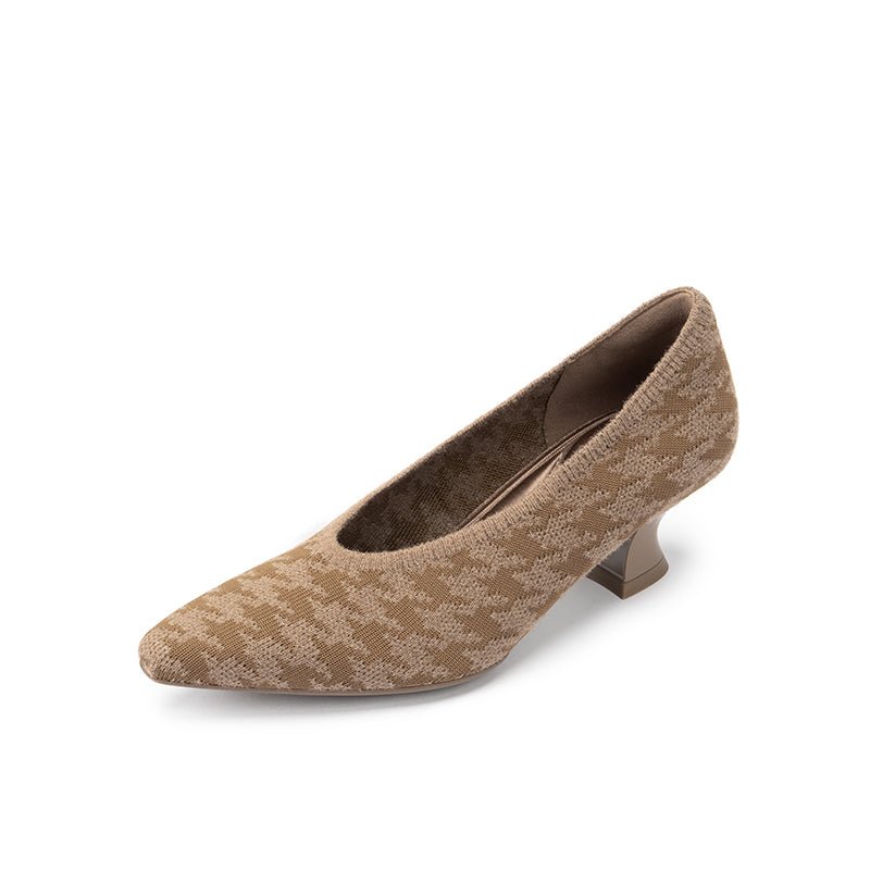 Houndstooth Block Heel Pumps – 3D Knit Pointed Toe Heels