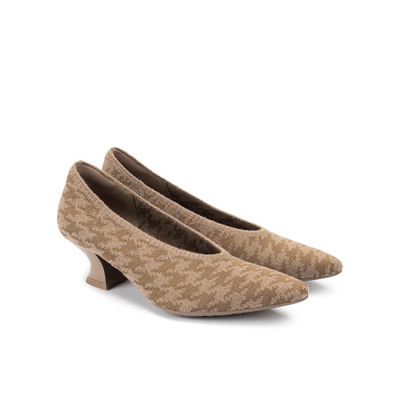 Houndstooth Block Heel Pumps – 3D Knit Pointed Toe Heels