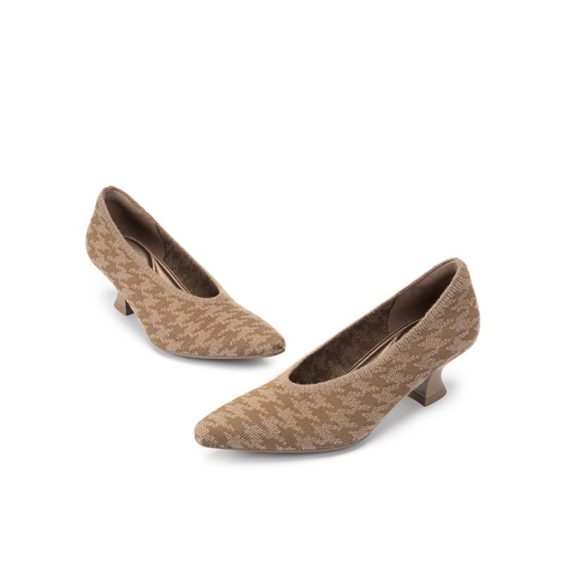 Houndstooth Block Heel Pumps – 3D Knit Pointed Toe Heels
