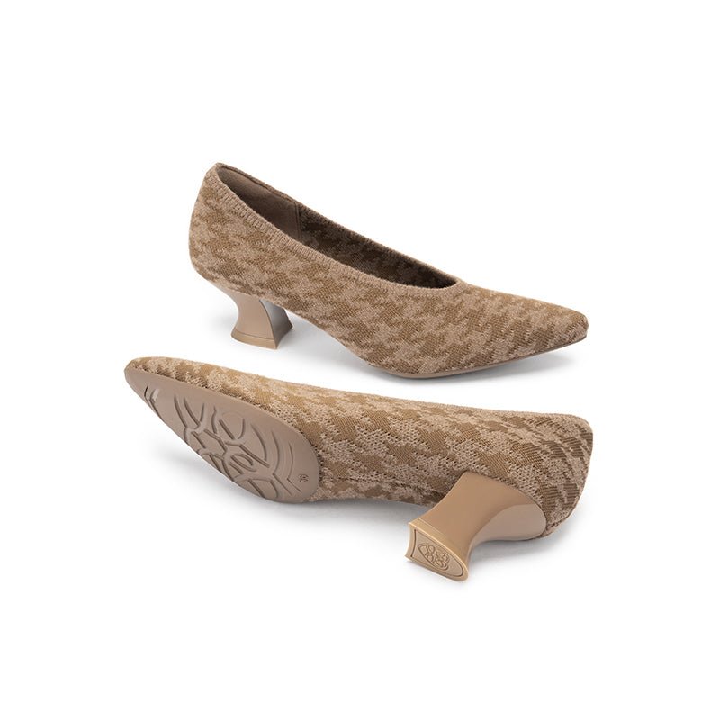 Houndstooth Block Heel Pumps – 3D Knit Pointed Toe Heels