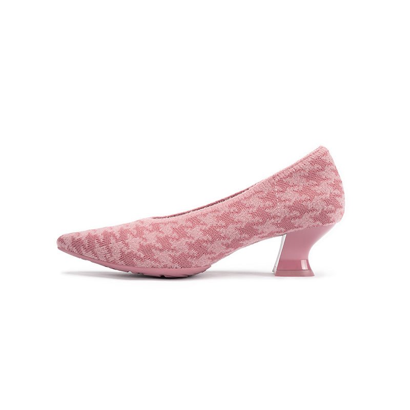 Houndstooth Block Heel Pumps – 3D Knit Pointed Toe Heels