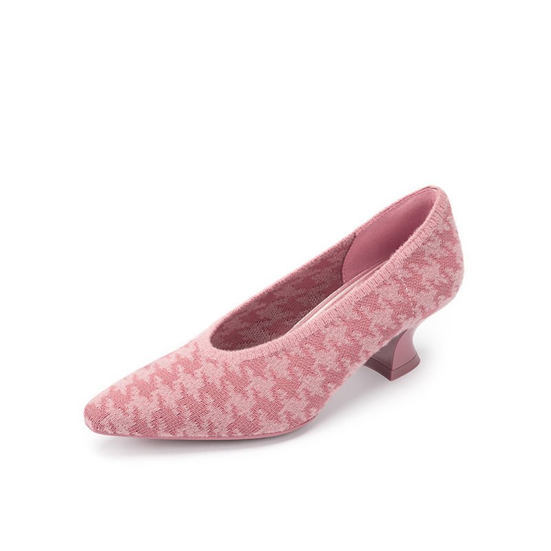 Houndstooth Block Heel Pumps – 3D Knit Pointed Toe Heels
