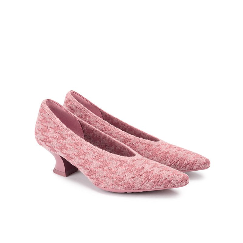 Houndstooth Block Heel Pumps – 3D Knit Pointed Toe Heels