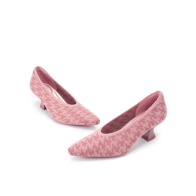 Houndstooth Block Heel Pumps – 3D Knit Pointed Toe Heels