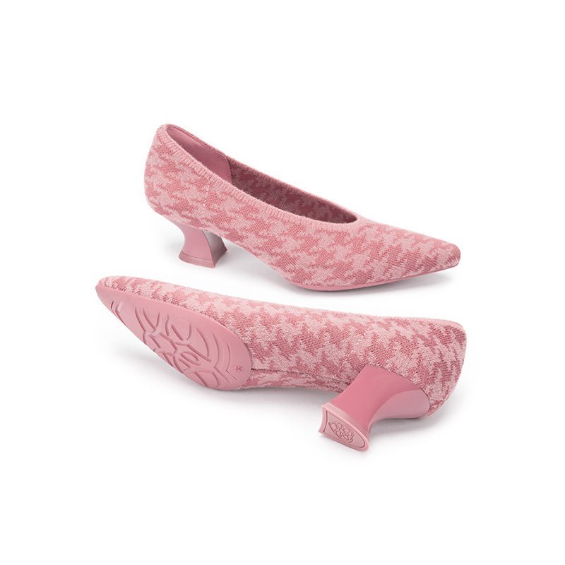 Houndstooth Block Heel Pumps – 3D Knit Pointed Toe Heels