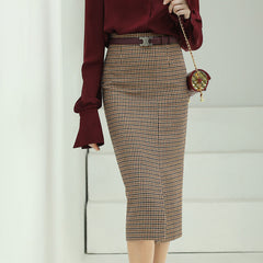 Houndstooth Brown Checkered Wool Skirt