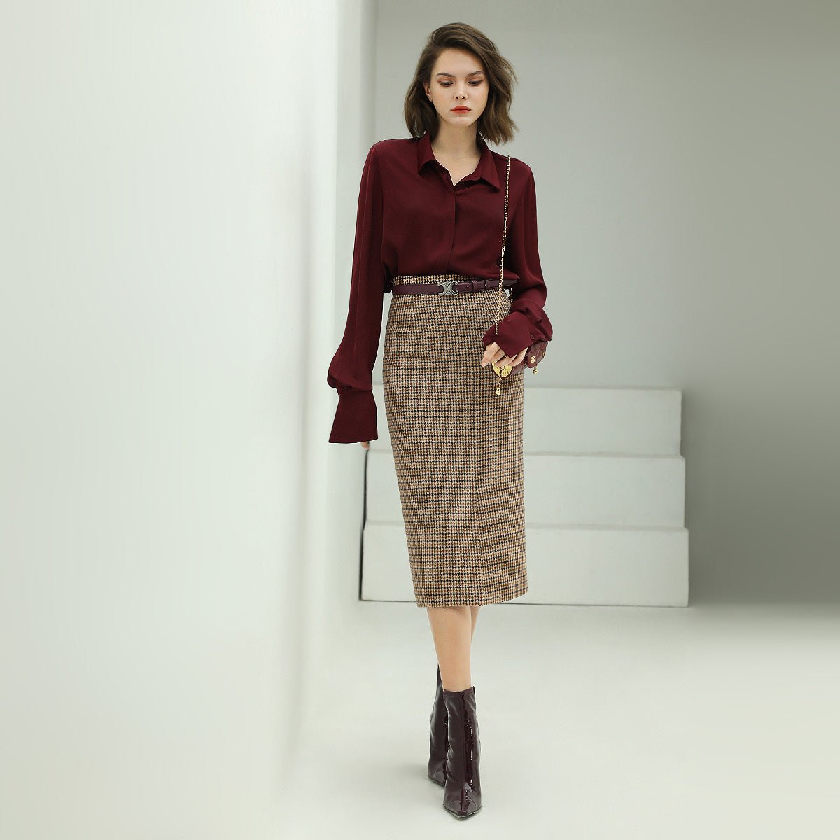 houndstooth brown checkered wool skirt all check 2