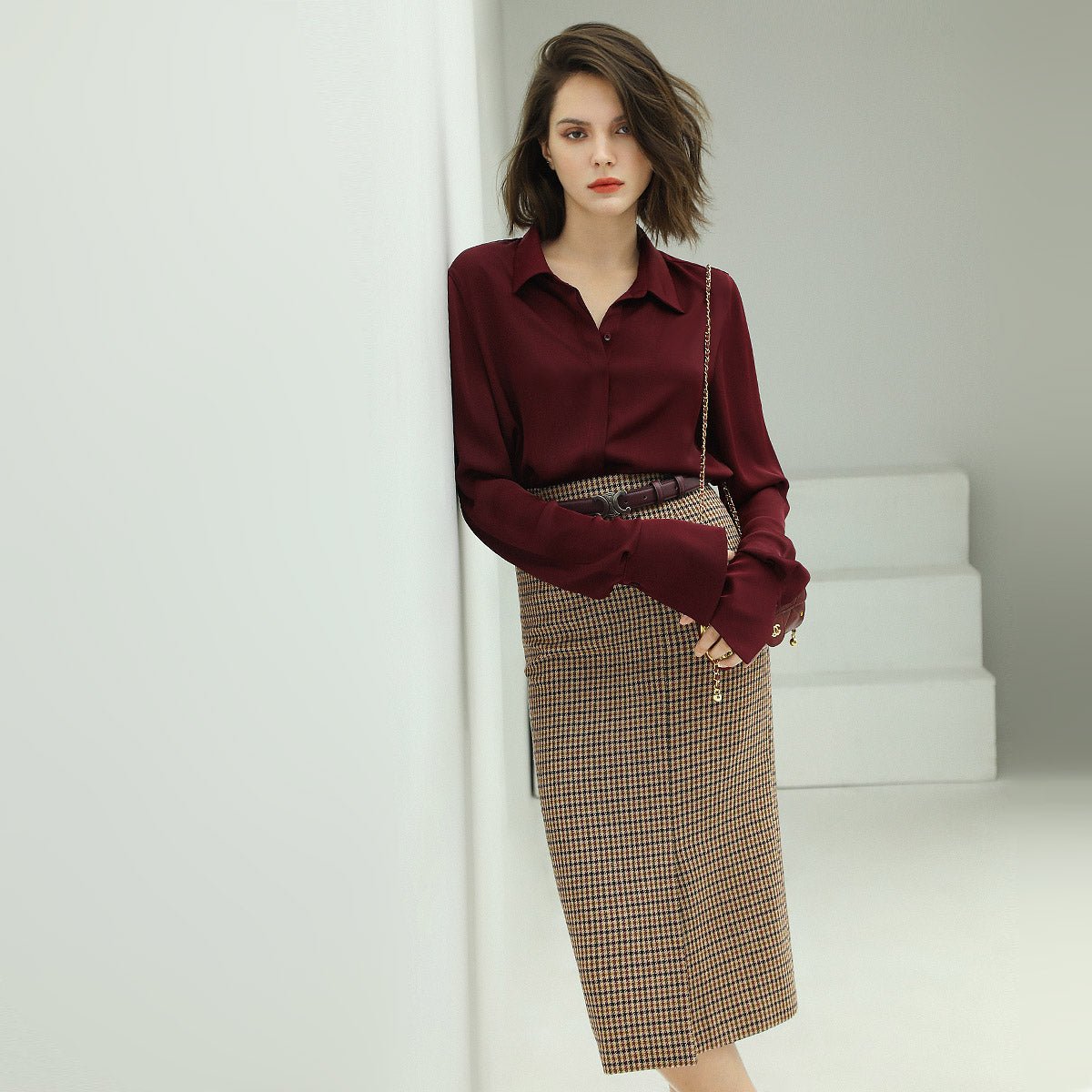 houndstooth brown checkered wool skirt all check 3