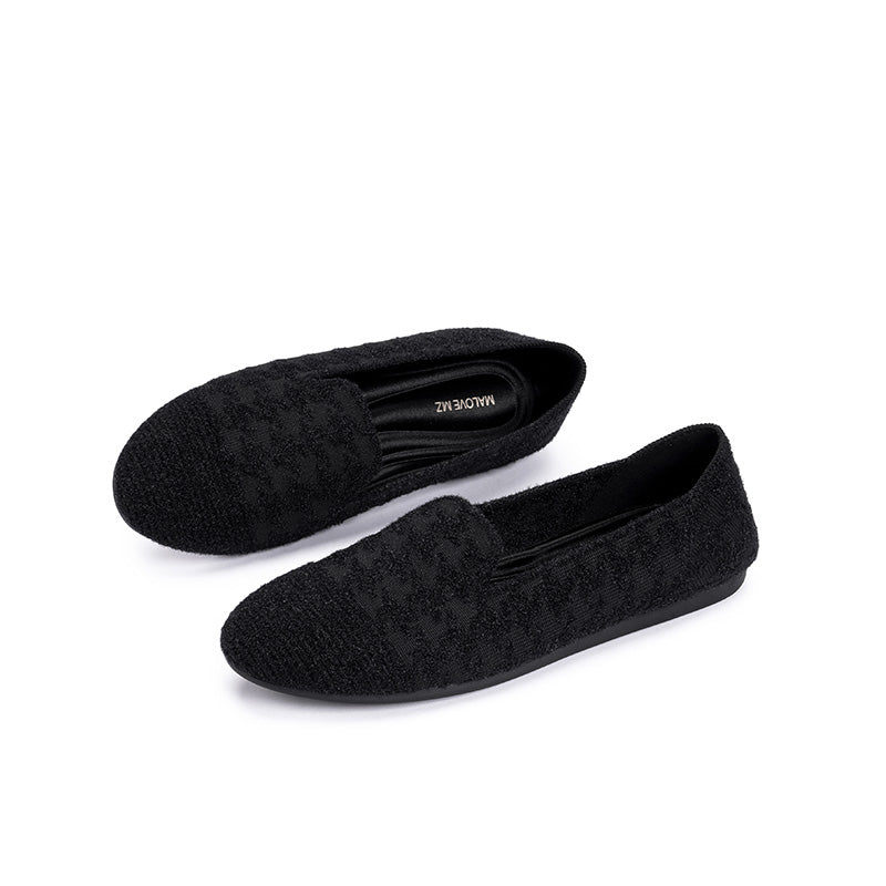 Houndstooth Knit Slip-On Flat Loafers – Round Toe Everyday Flats
