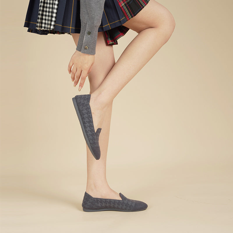 Houndstooth Knit Slip-On Flat Loafers – Round Toe Everyday Flats