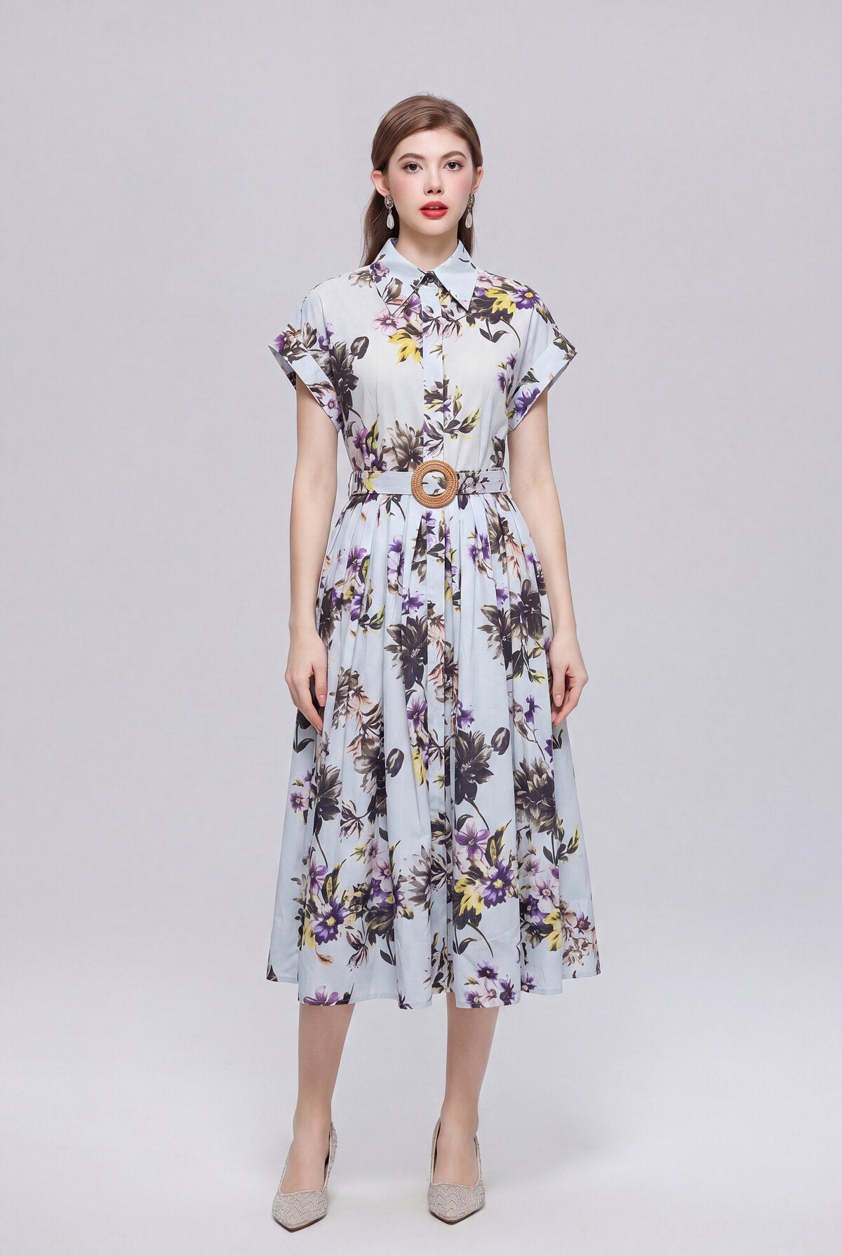 Ice Blue Botanical Floral Belted Shirt Midi Dress