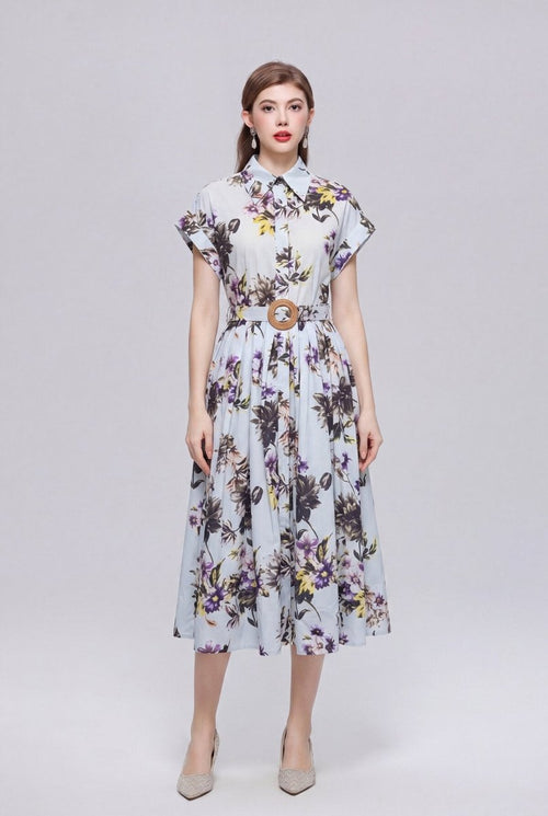 Ice Blue Botanical Floral Belted Shirt Midi Dress
