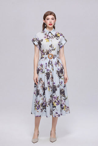 Ice Blue Botanical Floral Belted Shirt Midi Dress