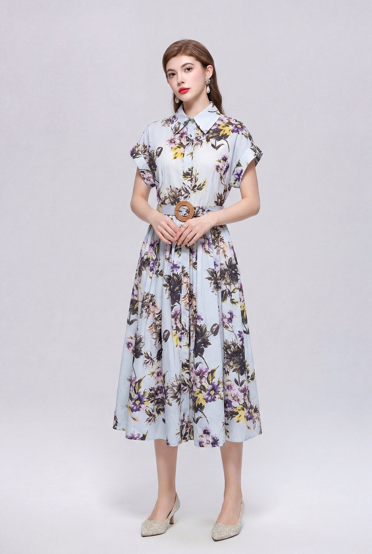 Ice Blue Botanical Floral Belted Shirt Midi Dress