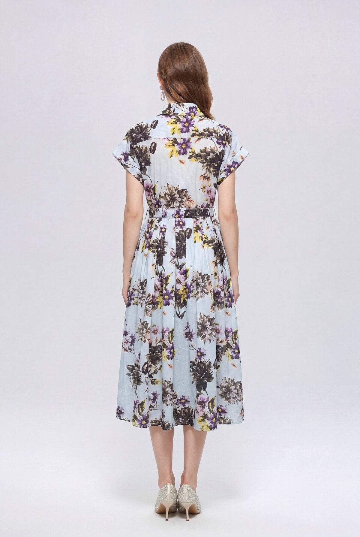 Ice Blue Botanical Floral Belted Shirt Midi Dress