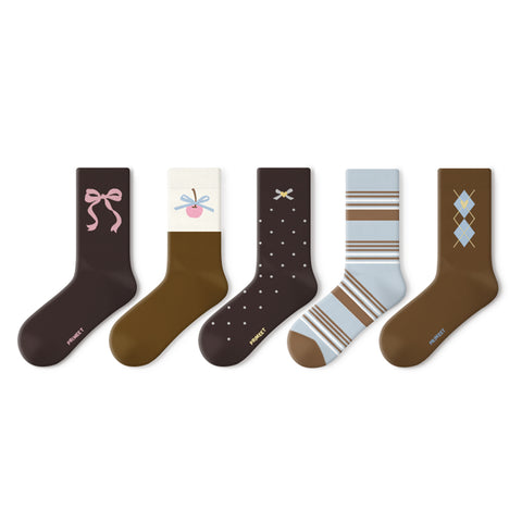 Illustrated Ribbon & Cherry Mid-Calf Socks – Women's 5-Pair All-Season Crew Set