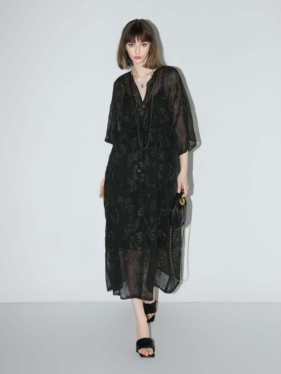 intricate glitter embroidered two piece dress all black 2