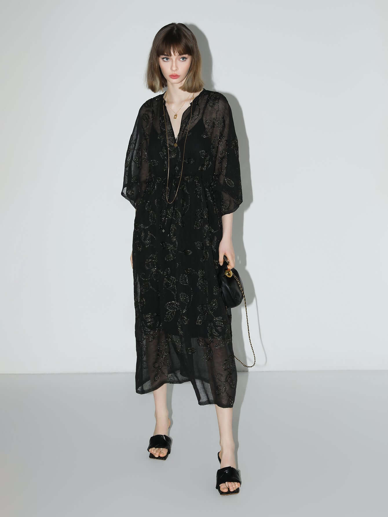 intricate glitter embroidered two piece dress all black 1