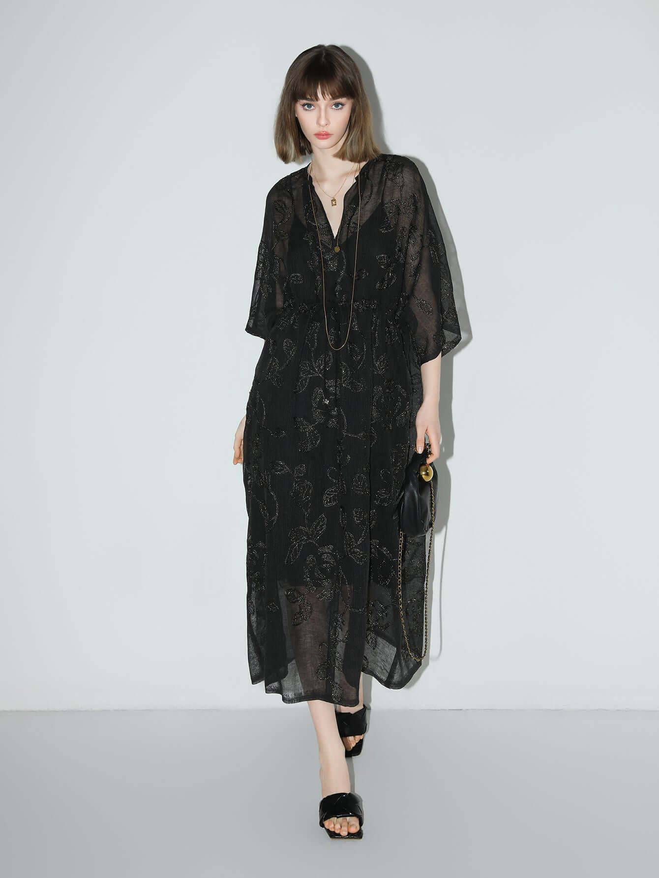 intricate glitter embroidered two piece dress all black 2