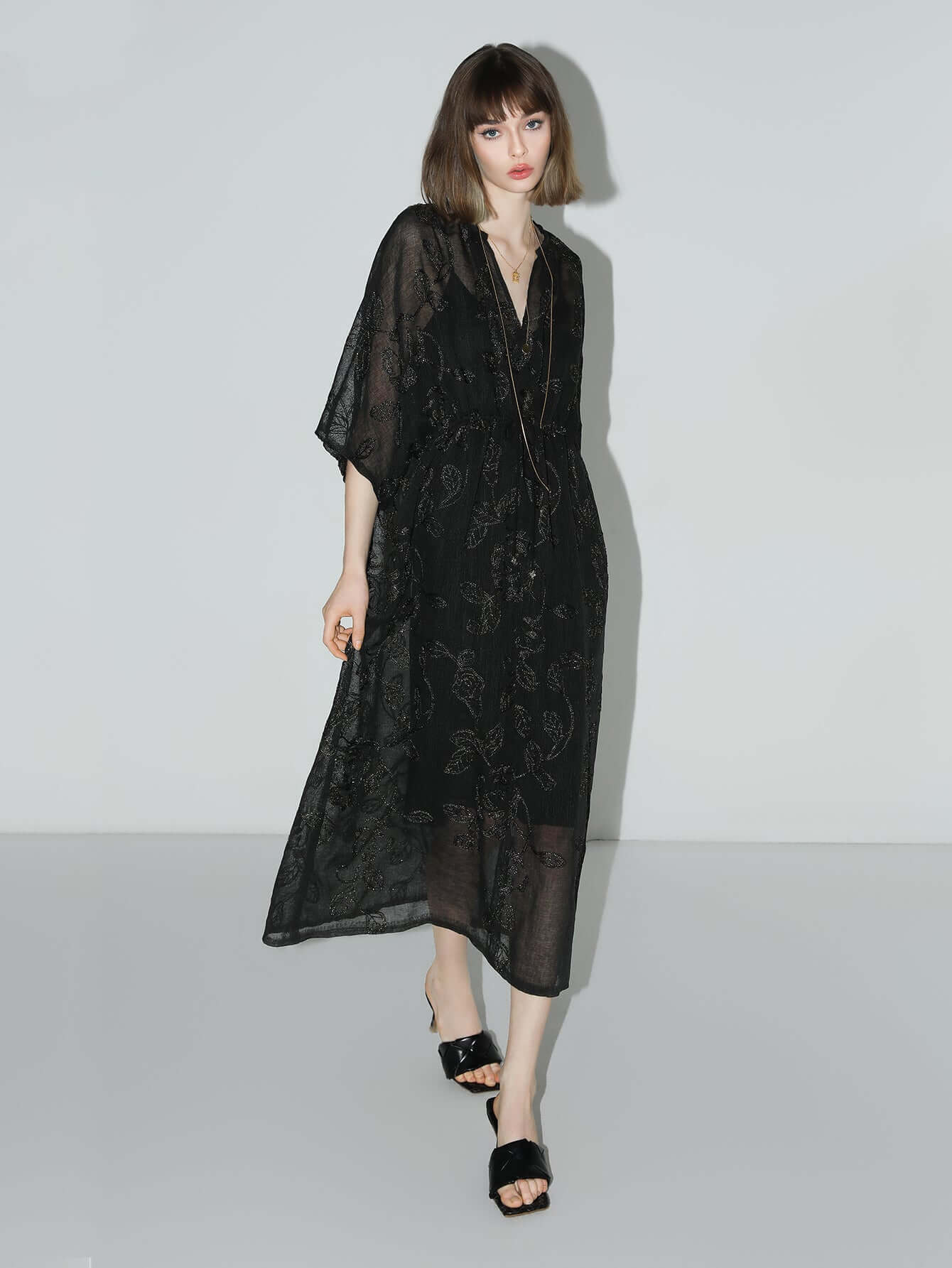 intricate glitter embroidered two piece dress all black 3