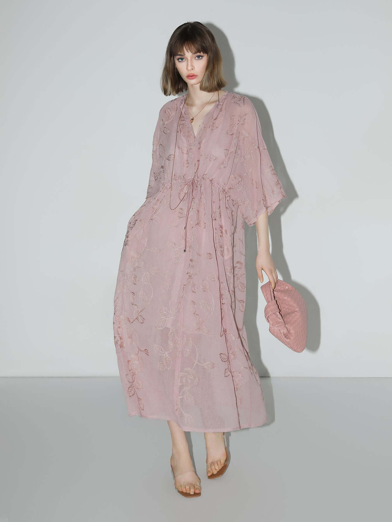 intricate glitter embroidered two piece dress all pink 1