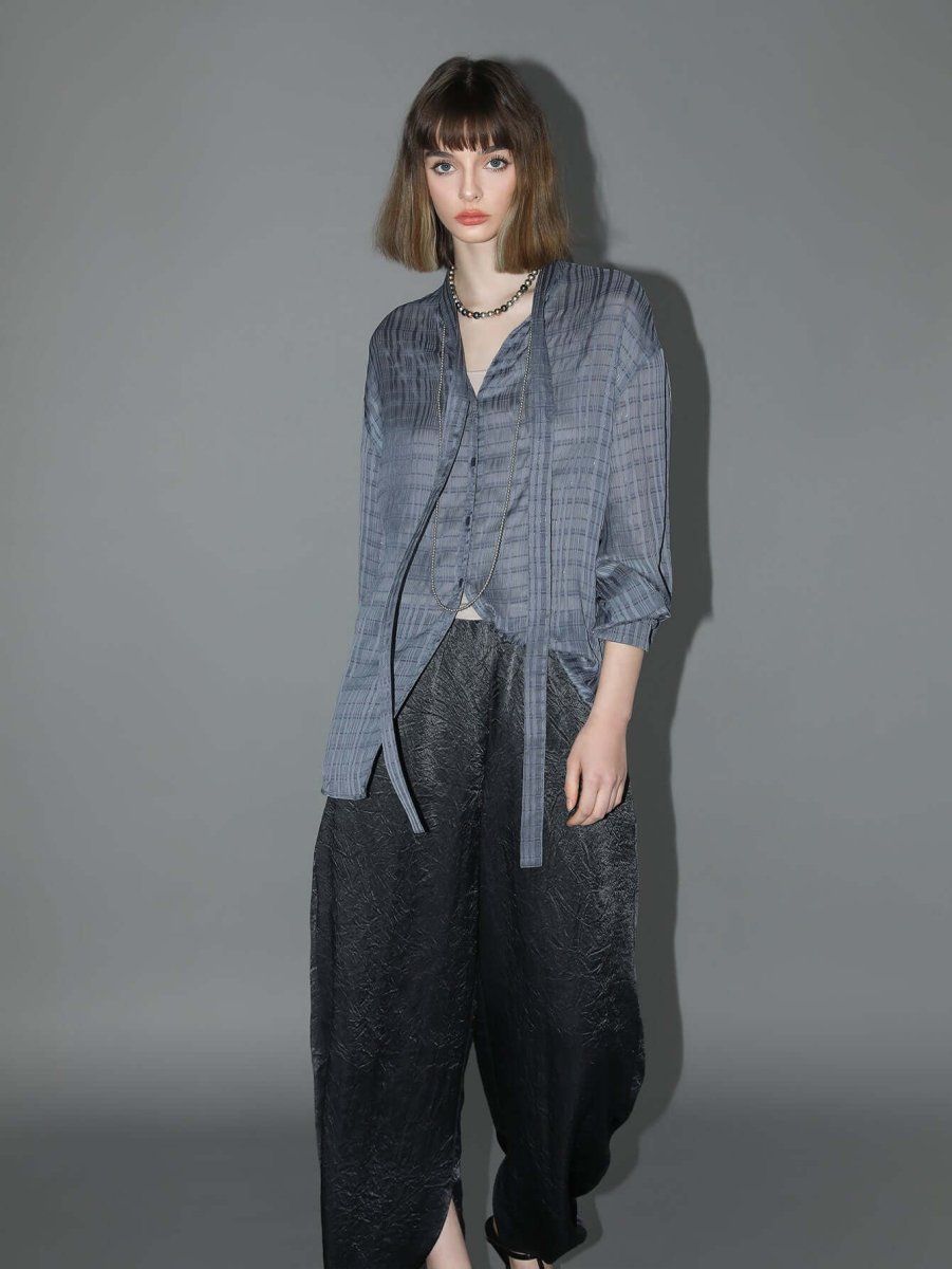 Intricate Sheer Navy Jacquard Shirt with Ribbon Tie - 0cm