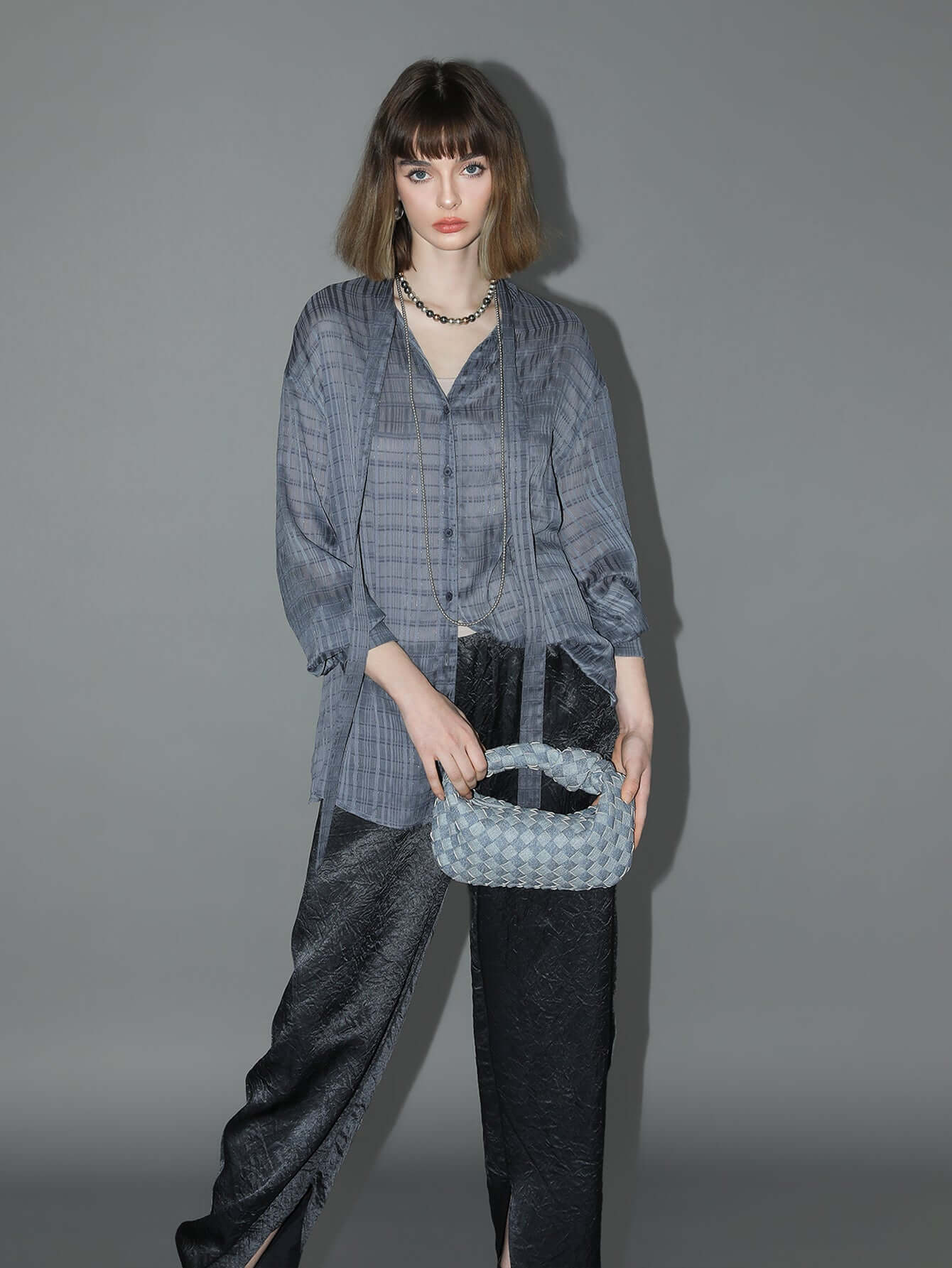 intricate sheer navy jacquard shirt with ribbon tie all navy 2