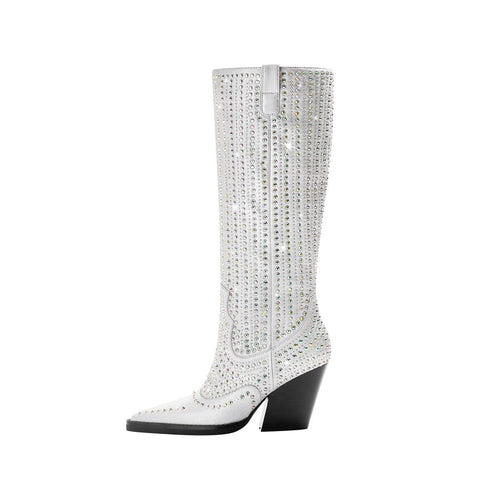Iridescent Rhinestone Metallic Western Knee High Boots