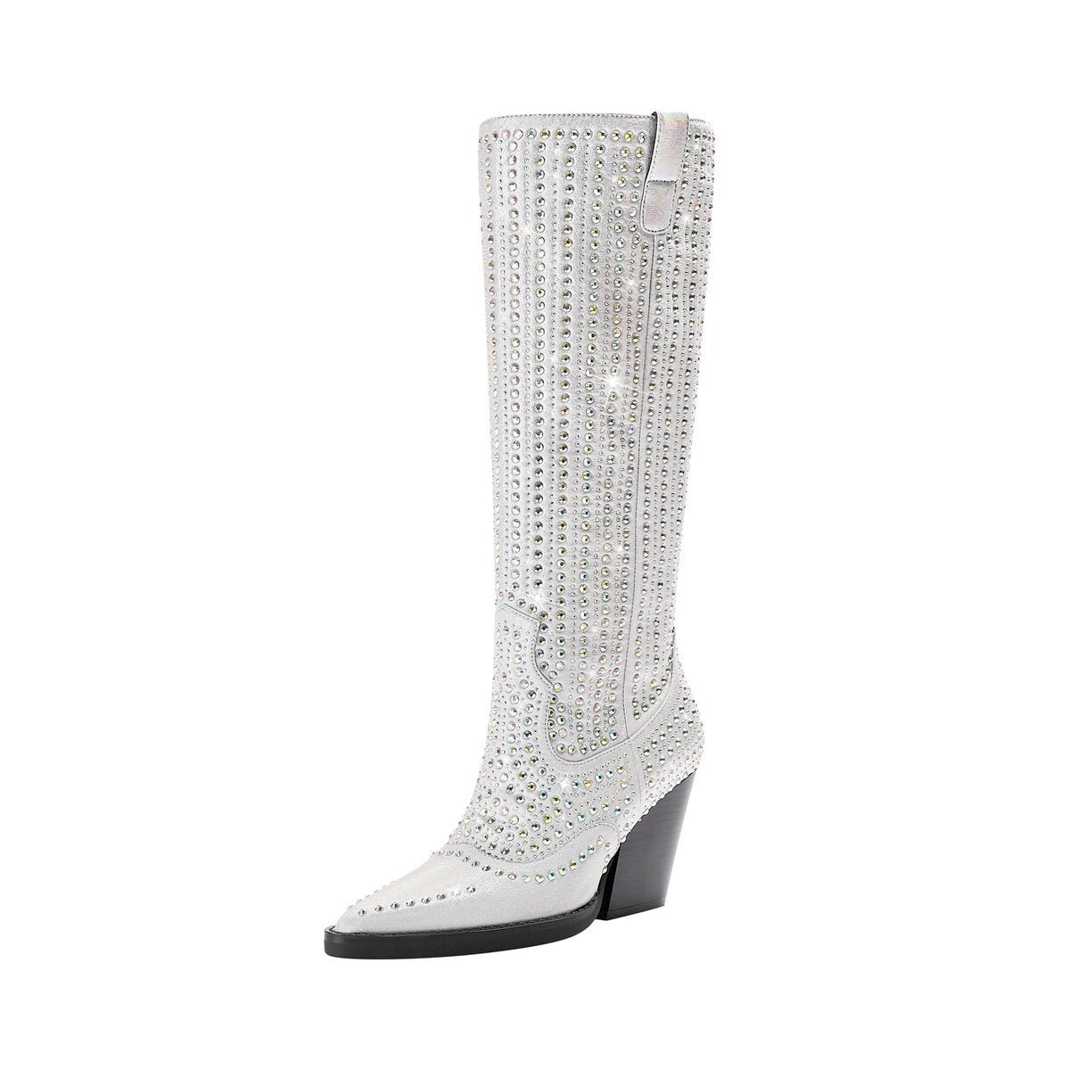 Iridescent Rhinestone Metallic Western Knee High Boots