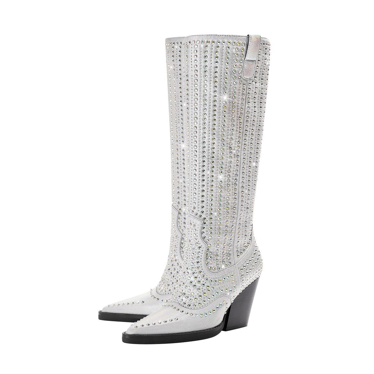 Iridescent Rhinestone Metallic Western Knee High Boots